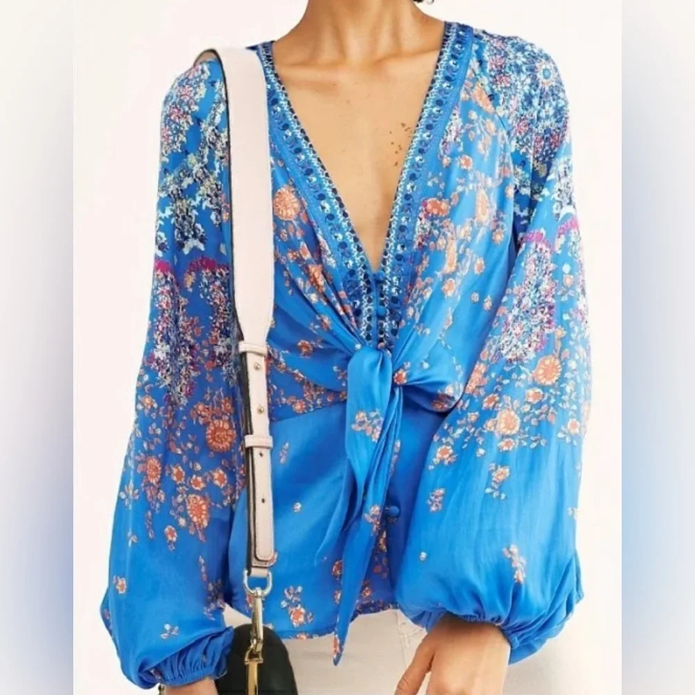 Free People Run Satin Floral V-Neck Long Sleeve Blouse Blue Size L Boho Chic Top